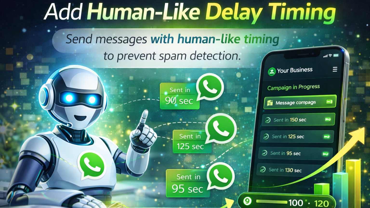 Human-like delay timing for WhatsApp messages